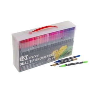 120-color dual tip brush pen set with watercolor markers in a clear storage box