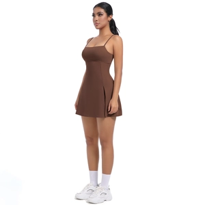 Detailed side view of dark brown athletic dress with thin straps and side slit
