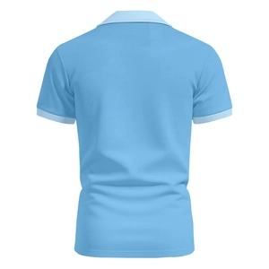 Macro detail of breathable light blue pique knit fabric on men's polo shirt back