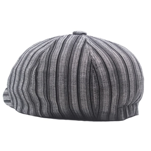 Breathable cotton linen striped newsboy cap with vintage British octagonal design