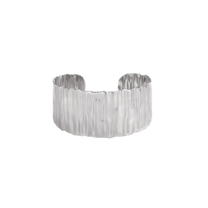 Silver wide cuff bracelet with vintage bark texture and minimalist hollow steel design