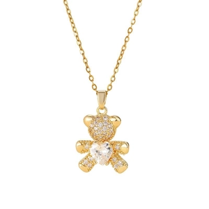 Golden titanium steel necklace with a bear pendant pavé set with heart-shaped zirconia
