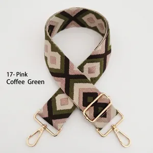 Detail of geometric diamond pattern shoulder strap with gold swivel hooks and slider