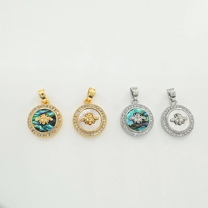 Round 18K gold plated bee pendant with shell inlay and sparkling zircon border