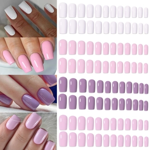 96pcs matte short square press-on nails in white, pink, and purple with sizing chart