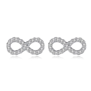Silver infinity stud earrings with sparkling white cubic zirconia pavé on white background