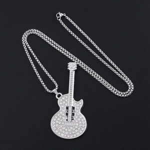 Silver hip hop guitar pendant necklace with sparkling rhinestones and long metal chain