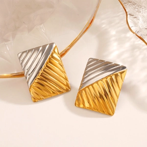 Rectangular two-tone geometric earrings with diagonal stripes and a gold-silver finish