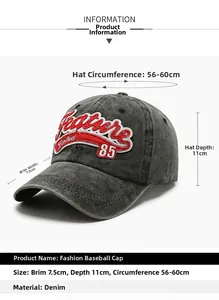 Detail view of washed denim baseball cap with 3D embroidery and adjustable strap sizes