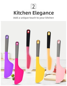 Detailed view of colorful silicone spatulas with ergonomic handles and hanging holes