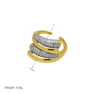 Detail shot of multi-layer 18k gold plated ring showing 17mm size and 6.8g weight specs