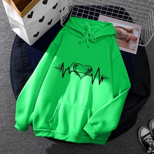 Neon green fleece hoodie with heart print, flat lay view featuring drawstring and pocket