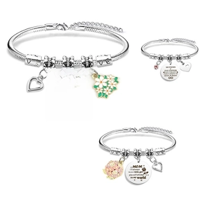 Silver stainless steel snake chain bracelet with mother-daughter enamel charms and love pendant