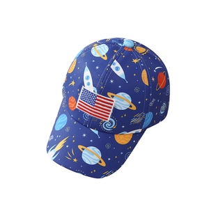 Kids navy baseball cap with space planet prints and American flag patch in 45-degree view