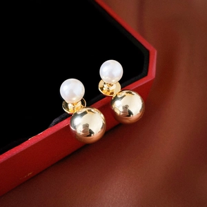 Double Sided Stud Earrings For Women With Imitation Artificial Pearl And Gold Plated Copper Ball And Silver Earring Post Simple Elegant