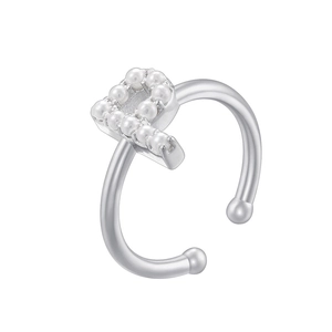 Close-up of elegant silver-tone letter P ear cuff featuring delicate white pearls