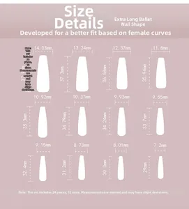 Size chart showing 12 dimensions for extra-long ballet press-on nails with 24 pieces