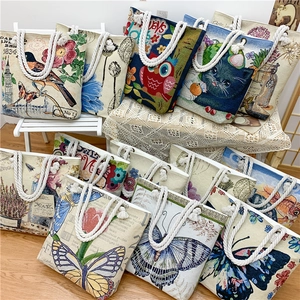 Large Capacity Canvas Tote Bag Jacquard Embroidery Owl Cat Butterfly Pattern Ethnic Shoulder Handbag Rope Handle