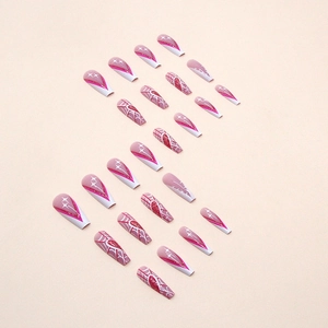 Pink and white long ballerina press-on nails with spider web and heart patterns