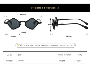 Detailed specs of geometric triangle sunglasses with PC frame measurements and weight