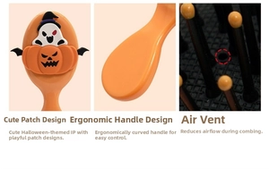 Detail of Halloween pumpkin hairbrush showing ergonomic handle and air cushion vent