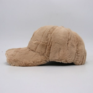 Detail showing the checkered textured faux fur fabric and thick thermal design of the cap