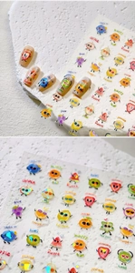 Detail of cartoon fruit nail stickers with rainbow laser finish and cute facial expressions