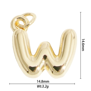 Macro shot of 14.6mm gold bubble letter W pendant with precise weight and size dimensions