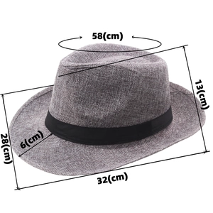 Gray fedora straw hat with black ribbon, wide brim sun protection jazz hat for men