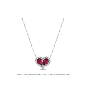 S925 sterling silver heart necklace featuring two pear-shaped red cubic zirconia gems