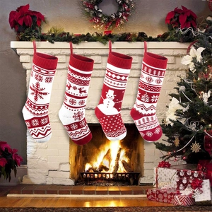 Calza di Natale a Maglia Grande Borsa Regalo Rosso Bianco Nordic Jacquard Fiocco di Neve Renna Pupazzo di Neve Decorazione