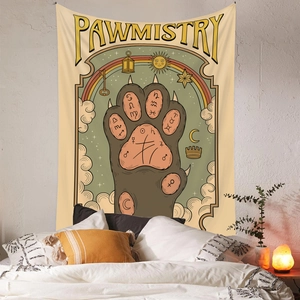 Bohemian pawmistry cat tapestry with celestial symbols for cozy bedroom wall decoration