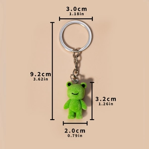 Green flocked 3D frog plush keychain pendant with detailed size measurement display