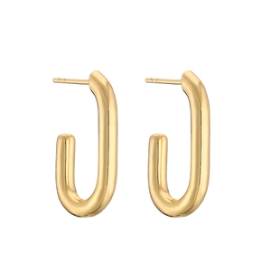 Close-up of 18K gold plated U-shaped geometric hoop earrings with polished finish