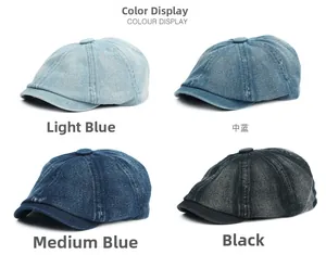 Detailed four-color display of washed denim newsboy caps in light, medium, dark blue and black