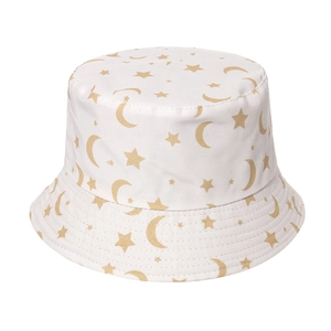 White reversible bucket hat with gold star and moon prints for outdoor sun protection