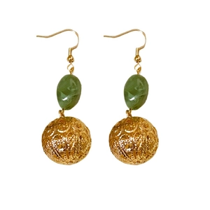 Retro resin hollow ball earrings with green oval beads and gold plated ear hooks
