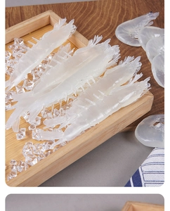 Realistic PVC peeled shrimp model with faux ice cubes on a wooden tray for display