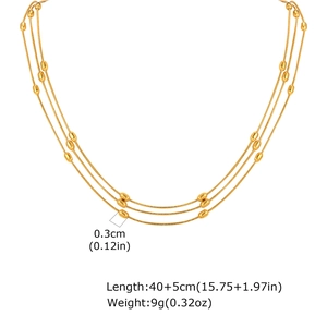 Detailed view of triple-layered golden snake chain necklace with dimension and weight specs