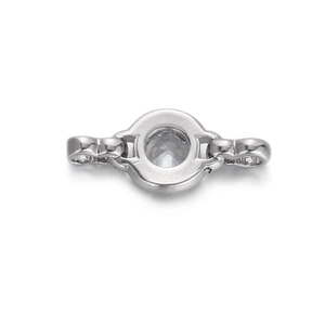 Detailed close-up of a silver jewelry clasp with round zircon and heart-shaped links