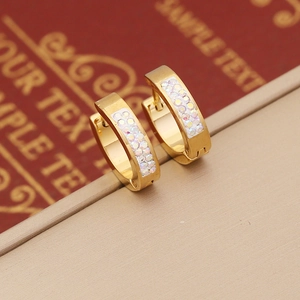 Fashionable gold stainless steel heart hoop earrings with sparkling rhinestones decoration