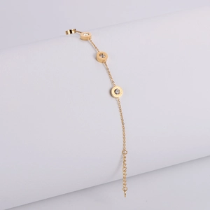Gold Roman numeral chain bracelet with three diamond-encrusted circular charms for women