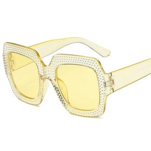 Retro square oversized sunglasses with yellow frames and diamond-studded edges
