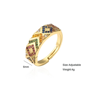 Adjustable gold plated geometric ring with 6mm colorful micro-set cubic zirconia stones