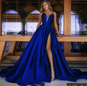 Elegant royal blue satin evening gown with deep V-neckline and high slit floor-length design