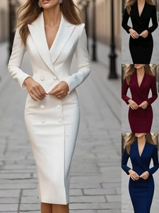 Detail view of double-breasted long-sleeve blazer dress in multiple color options
