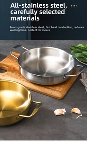 Macro detail of the brushed stainless steel finish and durable dual-handle pan design