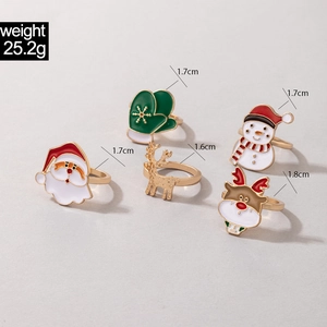 5-piece Christmas ring set in gold alloy with Santa and reindeer designs and sizes