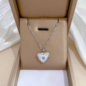 Macro detail of silver heart shell pendant necklace with star in a brown jewelry box