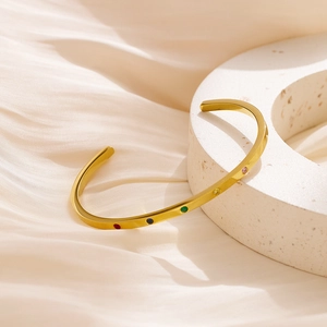 Minimalist 18k gold plated stainless steel open bangle set with colorful round gemstones